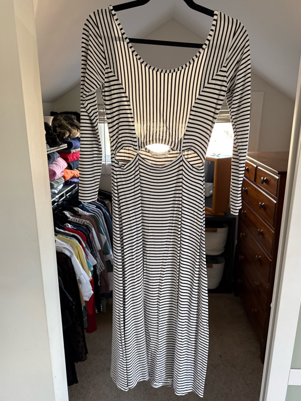 Black & White Striped Long Sleeve Maxi Dress with Cutout